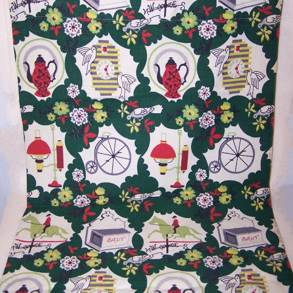 2 Panels 1950s Bark Cloth - Weathervane Salt Container Birds Clock Teapot Flower